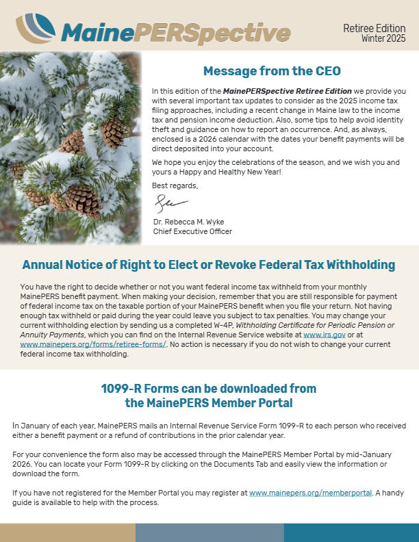 Front page of Winter 2025 MainePERSpective Retiree Edition