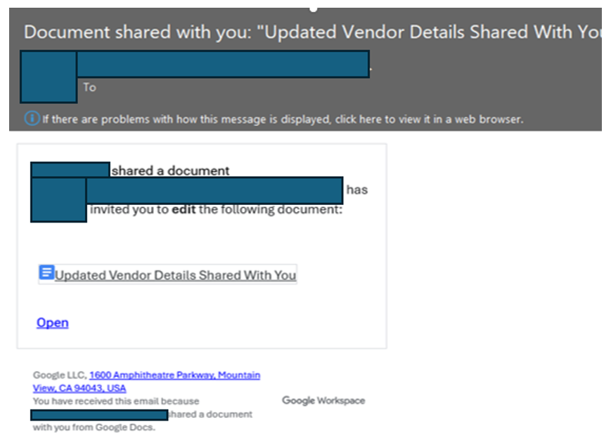 Screenshot of phishing email